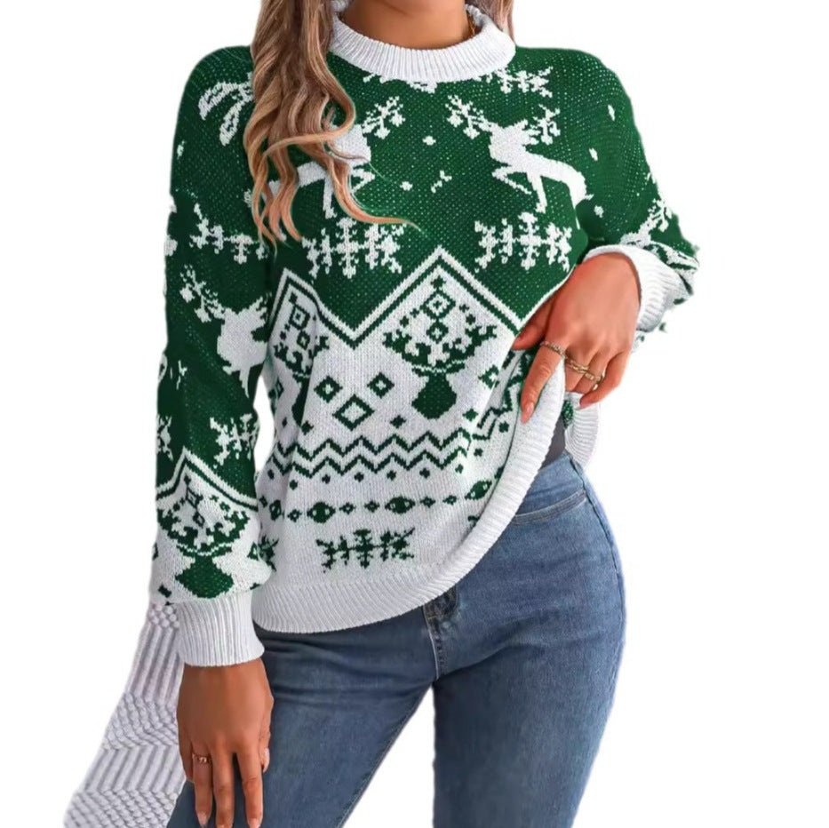 Nytår Efterår Vinter Casual Trøje med Høj Krave med Lange Ærmer, Hjortemønster, Jul, Til Kvinder, Rød Grøn Strikket Pullover Jumper