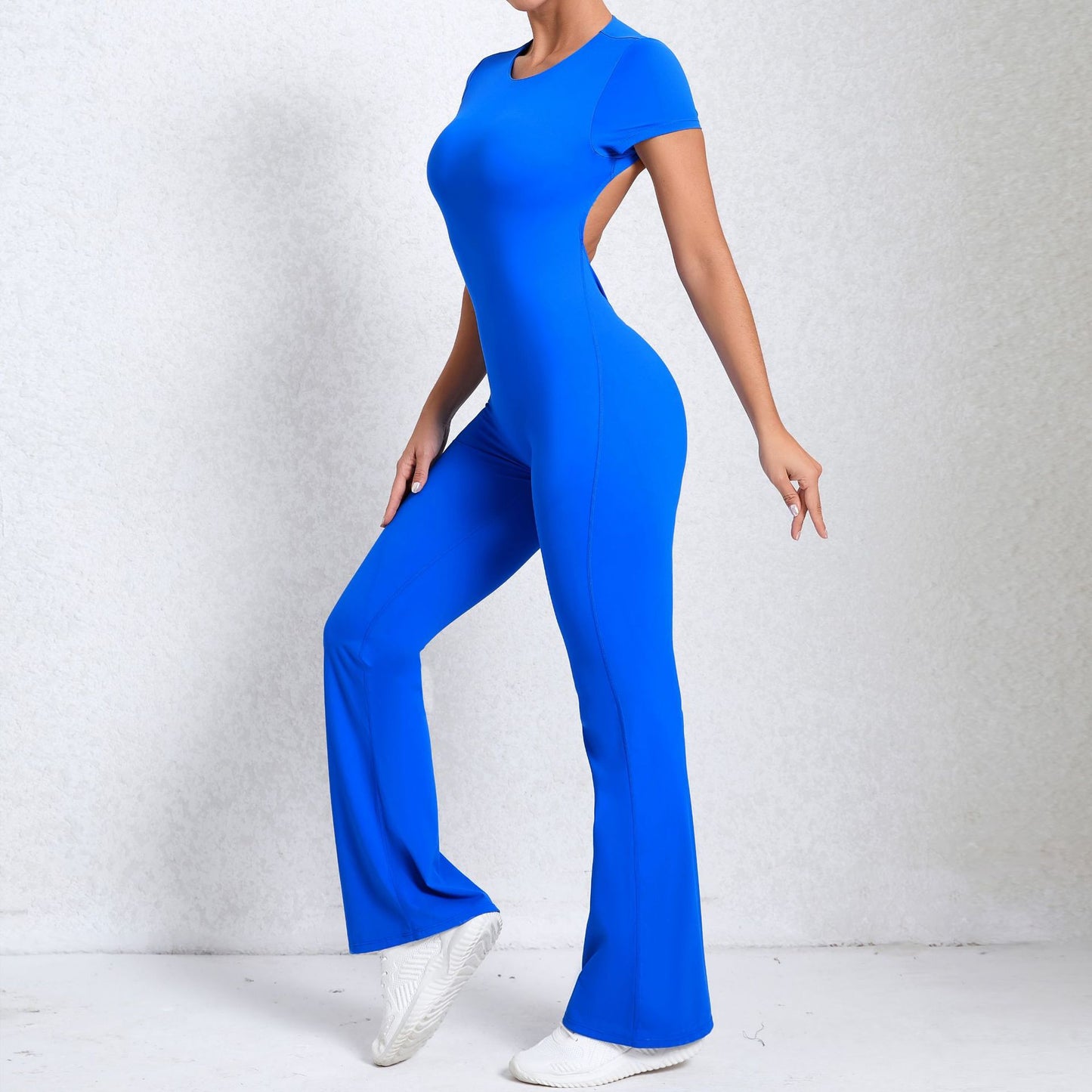 Bare Back Short Sleeve Nude Feel Yoga Outer Wear Fitness Sports Jumpsuit