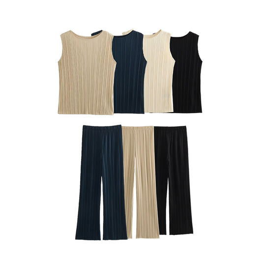 Pleated Sleeveless T-shirt Straight-leg Pants