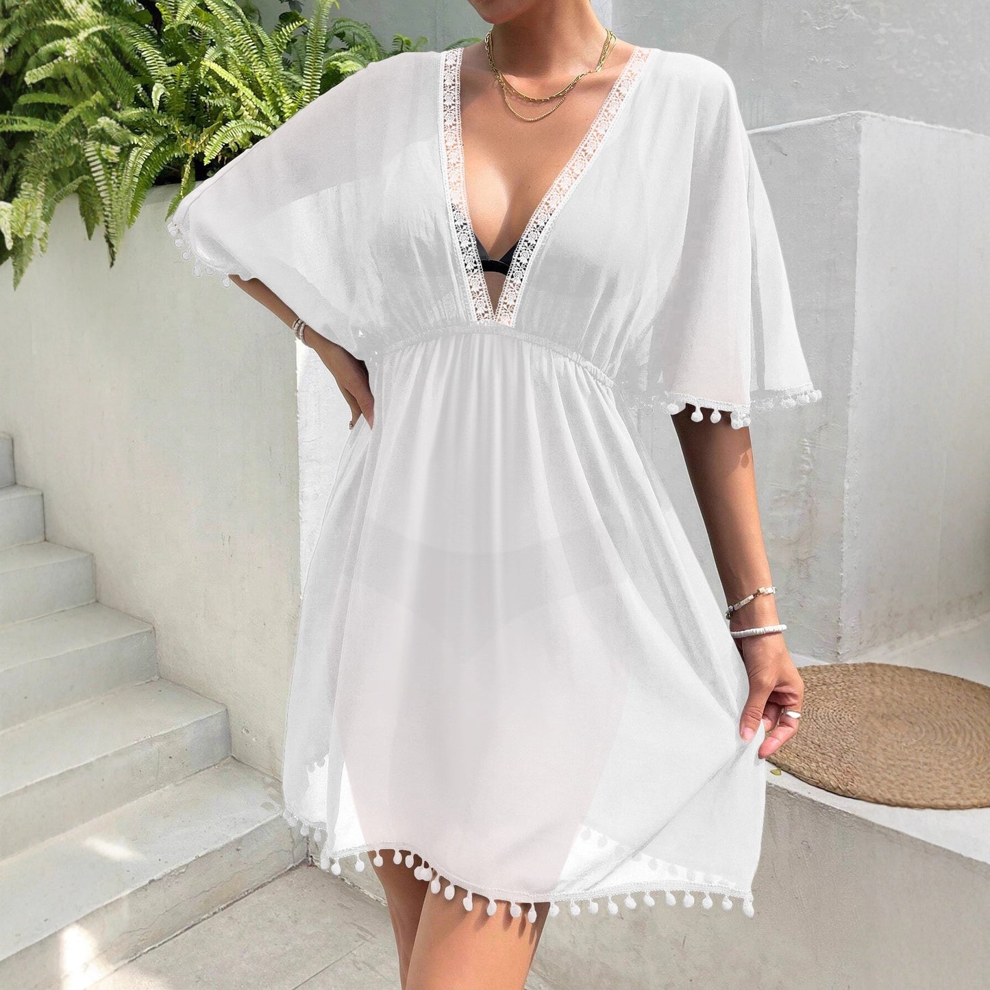 Beach-Style Cover-Up Blouse Lace-Patchwork Waist-Cinched V-Neck Dress