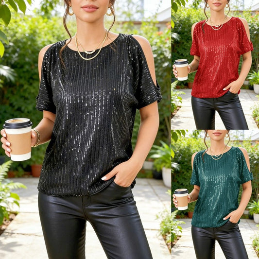 Dame sexet off shoulder-bluse med rund hals og korte ærmer