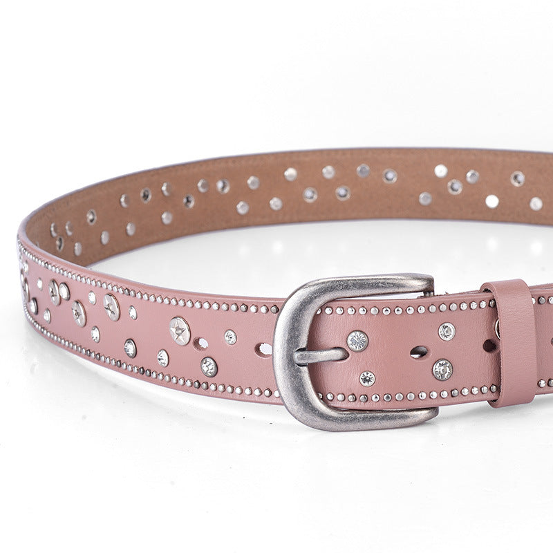 Fashion Trend Ladies Leather Rivet Rhinestone Inlaid Pin Buckle Belt