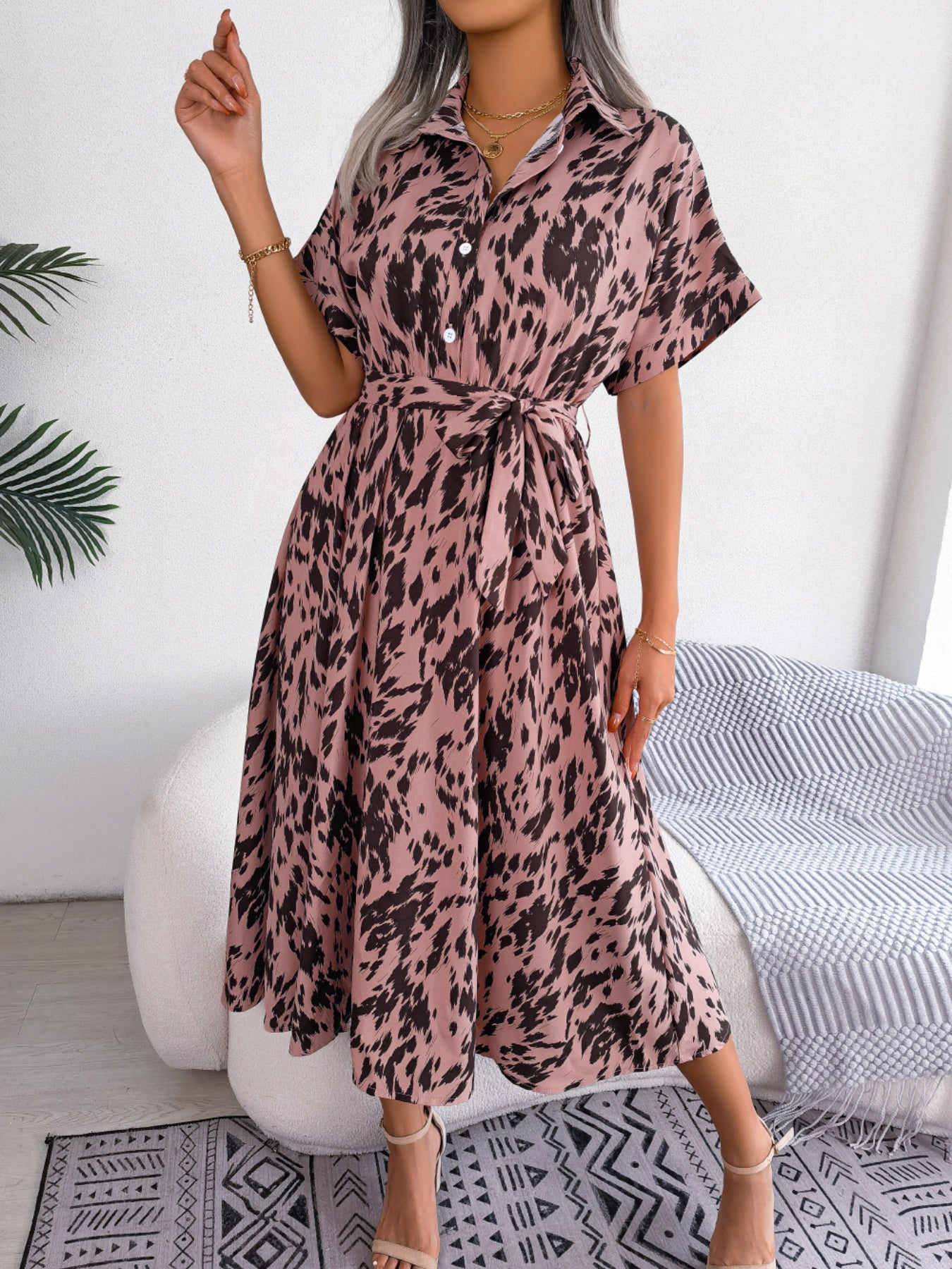 Women's Casual Loose Leopard Print Tie Waist Shirt Dress