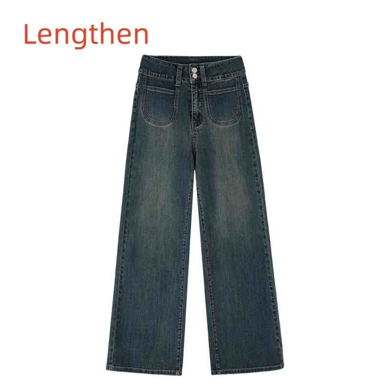 Retro Blue Straight Jeans Women's Autumn And Winter Fleece-lined High Waist
