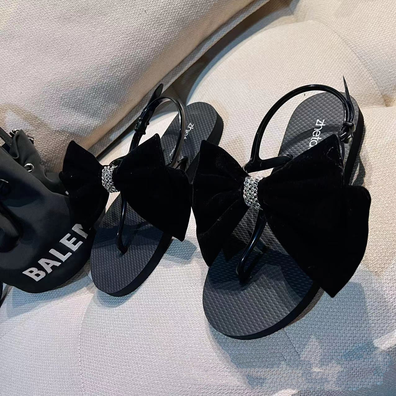 Double Toed Sandals Flat Sole Solid Bow
