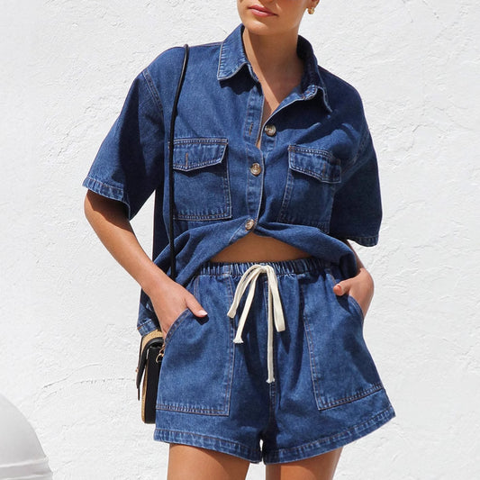 Retro Casual Loose Short-Sleeve Shirt And Shorts Denim Two-Piece Set