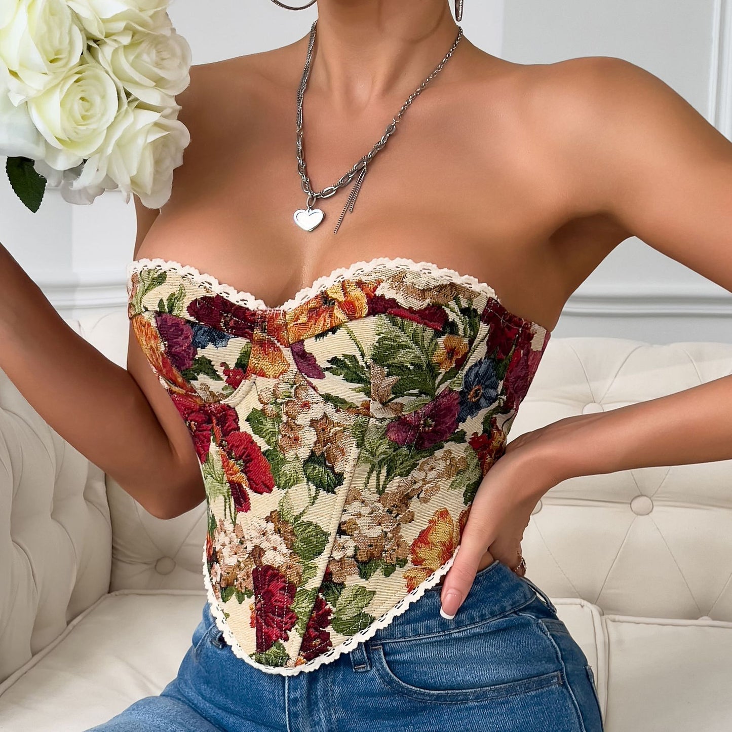Women's Retro Floral Print Tube Top With Lace-up Front