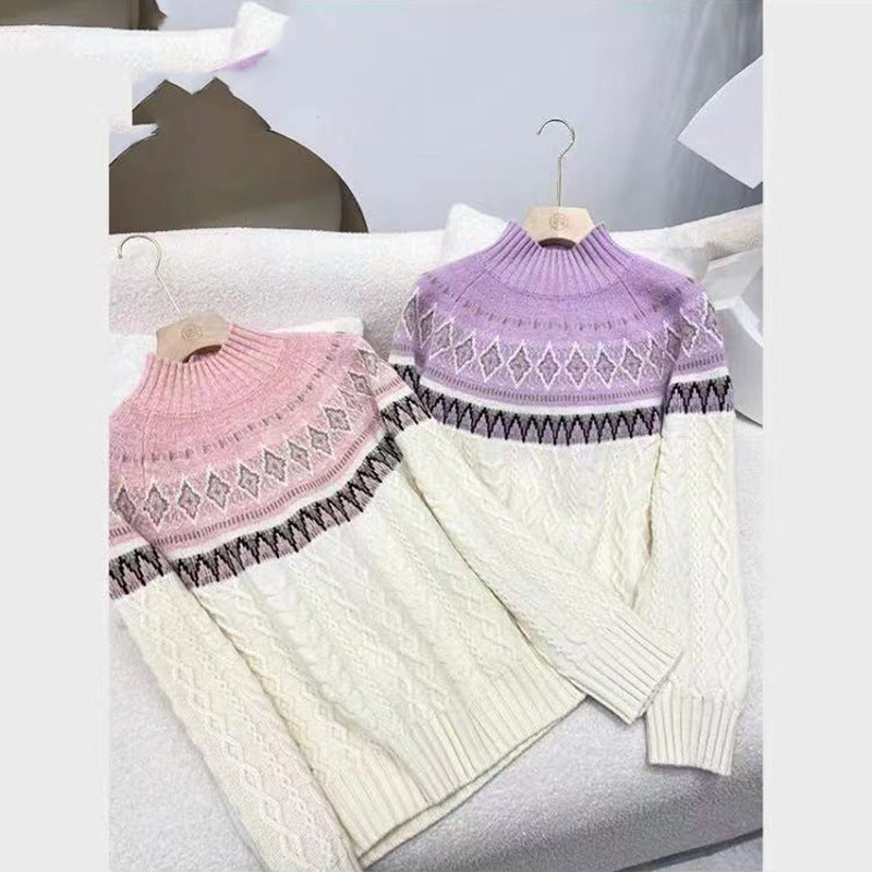 Jacquard Semi High Neck Woolen Sweater