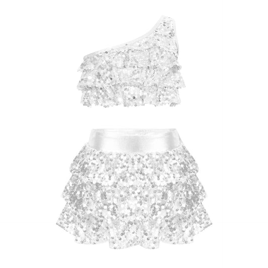 Solid-color Casual Sequin Slim-fit Skirt Set For Girls