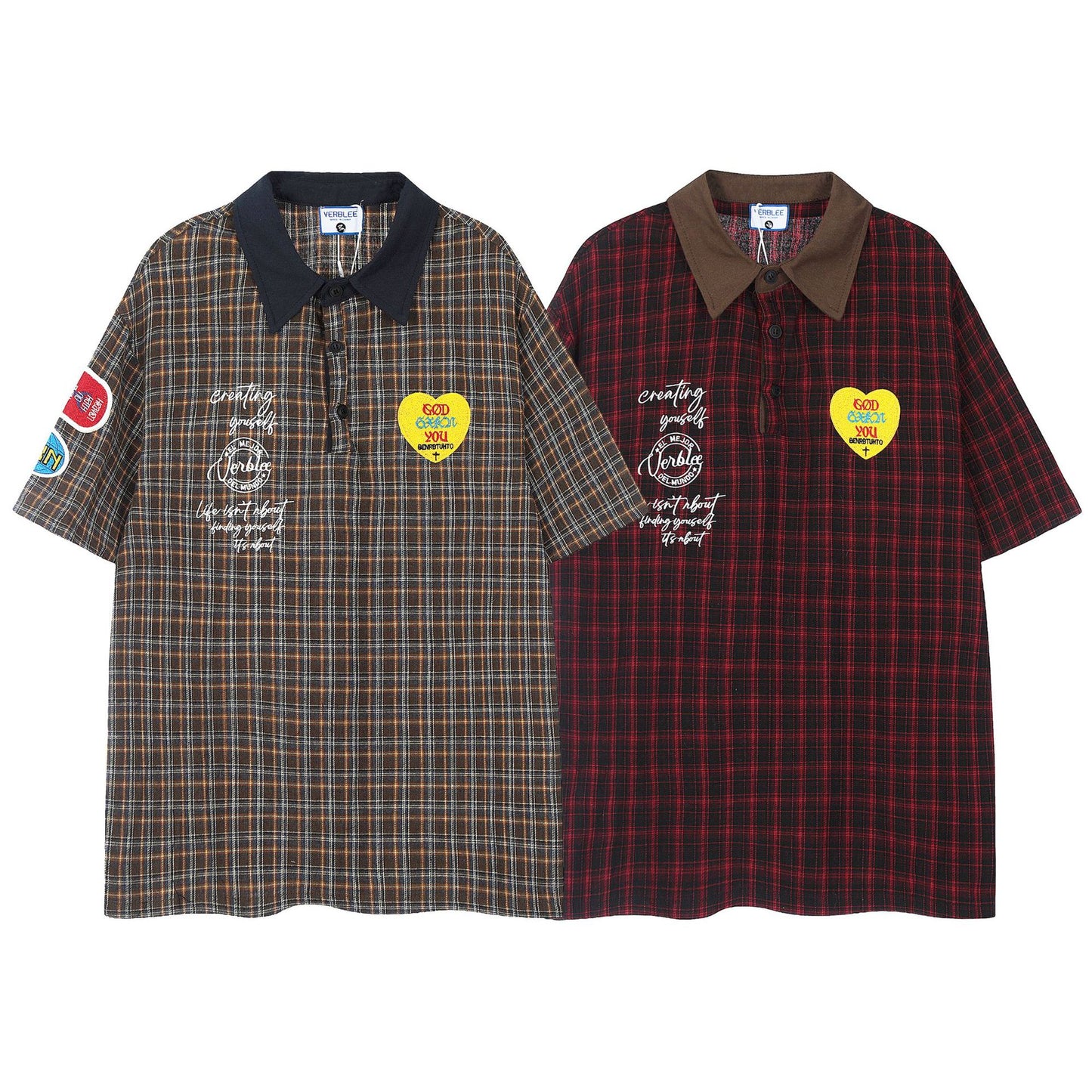 Retro Plaid Colorblock Lapel Short-sleeved T-shirt