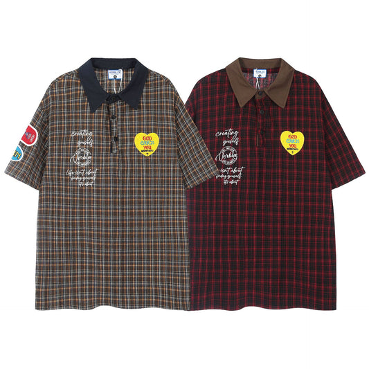 Retro Plaid Colorblock Lapel Short-sleeved T-shirt