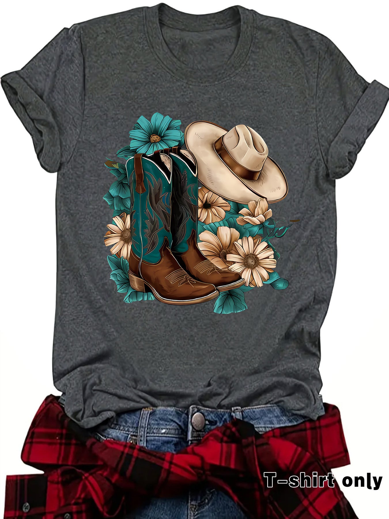 Womens Loose-fitting Fashionable Boots With A Hat Print And Short Sleeves