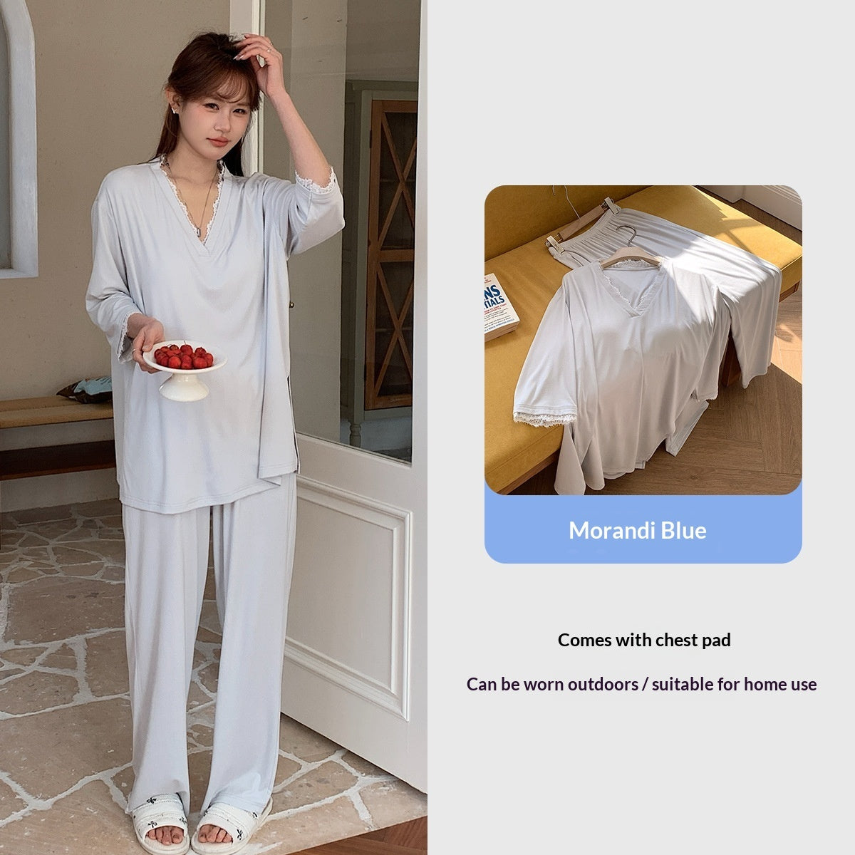 Spring Summer V-Neck Pajama Set With Chest Pads Lace Luxurious Feel Comfortable And Skin-Friendly Loungewear