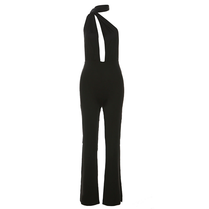 Europæisk og amerikansk efterår Dametøj Halterneck Cut-out Rygløs Slim Fit Skinny Jumpsuit