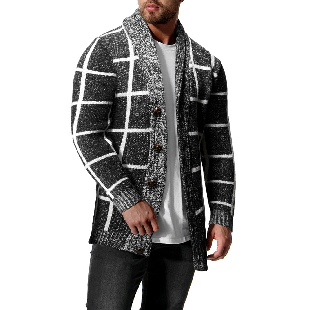Men's Winter Color Matching Plaid Cardigan Sweater