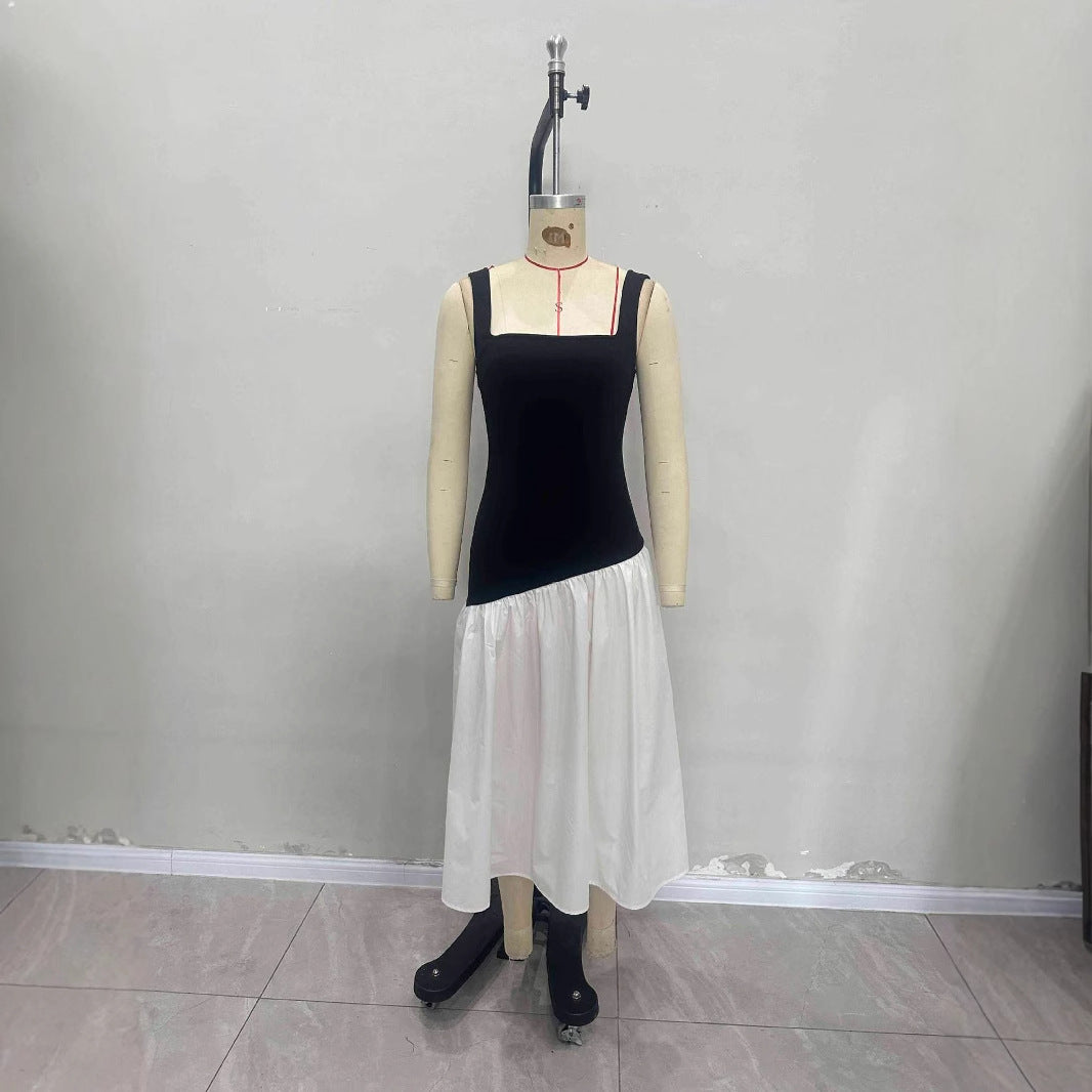 Color Block Dress Sleeveless Halter Neck Black And White Contrast Maxi Dress