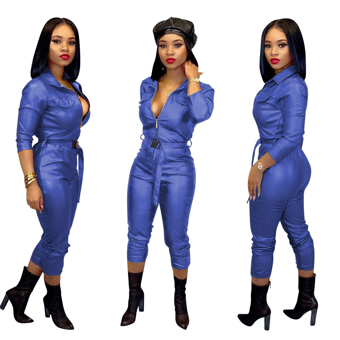 Women's Casual Fashion Solid Color High Elastic Leather Jumpsuit