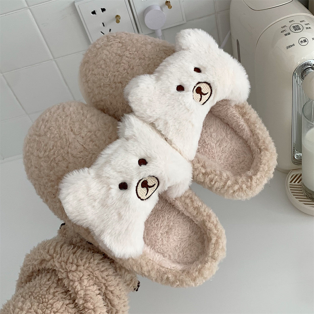Cute Bear Plush Shoes Women's Warm Cotton Slippers