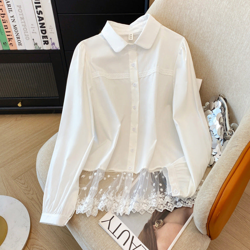 Spring Sweet Refined Handmade Lace Stitching Shirt For Women Bandage Dress All-matching