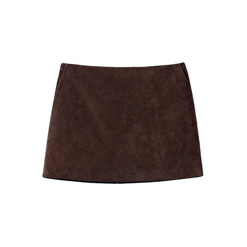 Distressed Sheepskin Suede Simple Sheath Skirt
