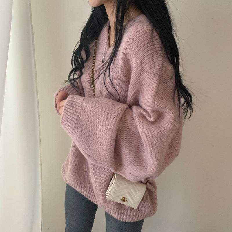 Women's V-neck Solid Color Pullover Long Sleeve Sweater