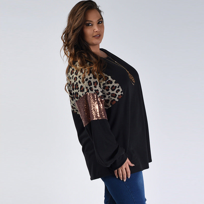Plus Size Løs Slank Pasform Leopard Blomstret Print Langærmet Pullover