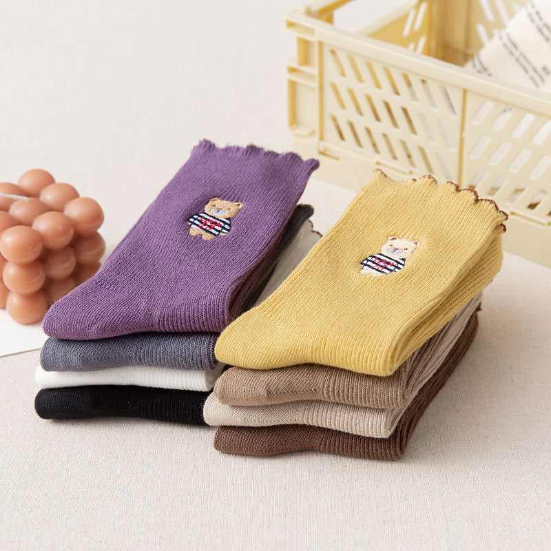Women's Bear Embroidered Fungus Lace Mid Tube Socks