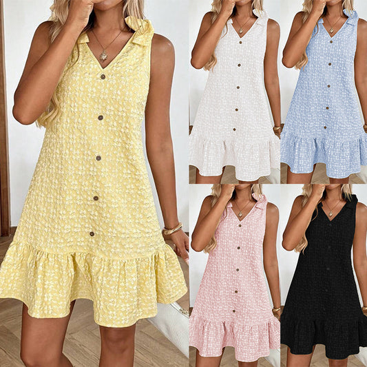 V-neck Sweet Jacquard Dress With Bow-Shoulder Straps And Buttons