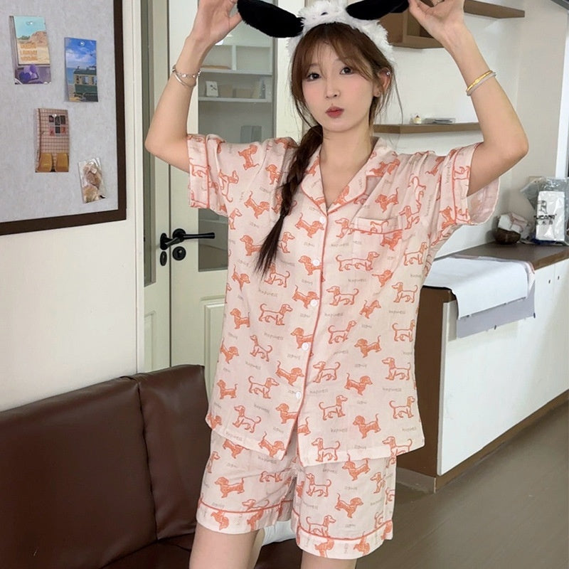 New Cute Cartoon Orange Sausage Dog Cotton Double-layer Pajamas