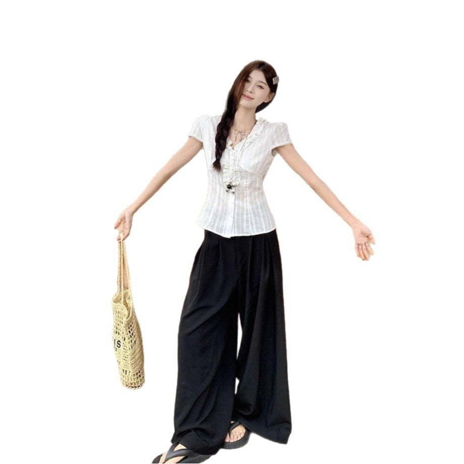 French Style Vintage Ruffled Short Sleeve Women's White Waisted Slimming