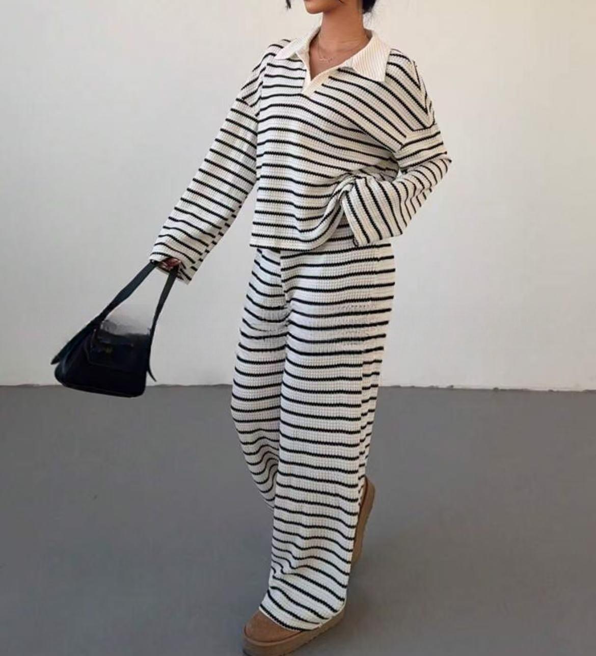 Striped Lapel Fashionable Knitted Loose Long Sleeve Top Casual Trousers Suit