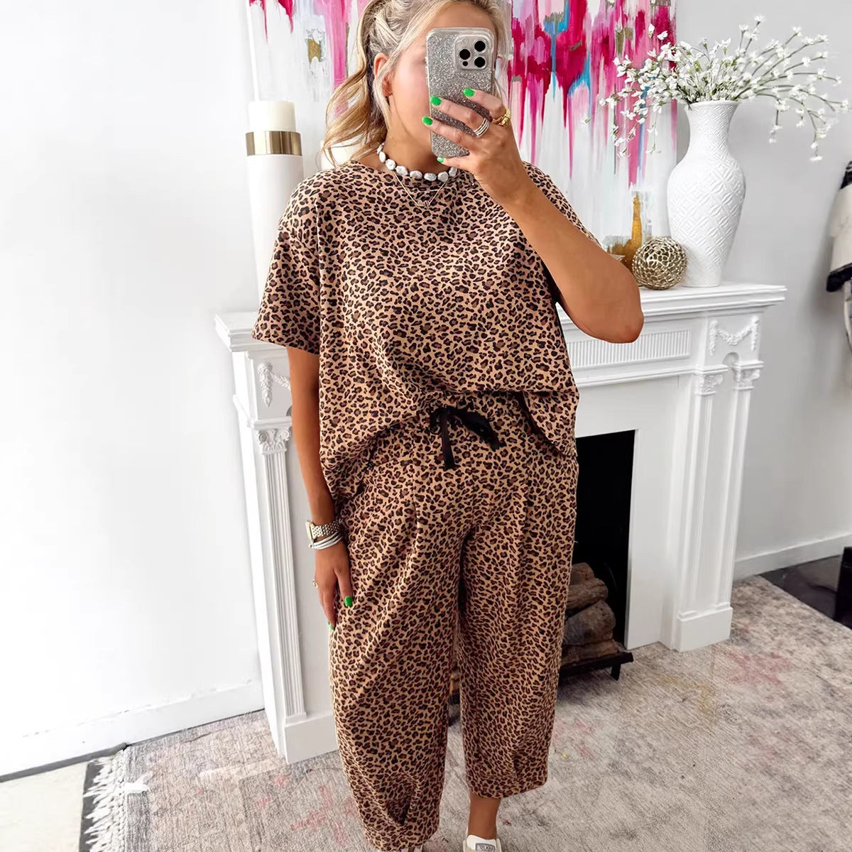 Womens Leopard-print Loose Top And Pants Two-piece Set