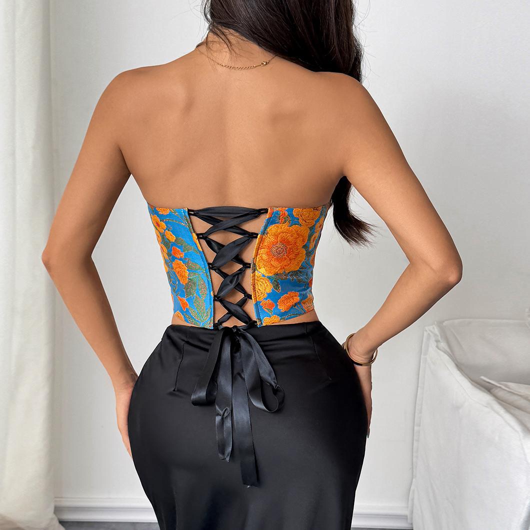 Retro Jacquard Oil Painting Colorful Fishbone Vest Lace-up Bustier