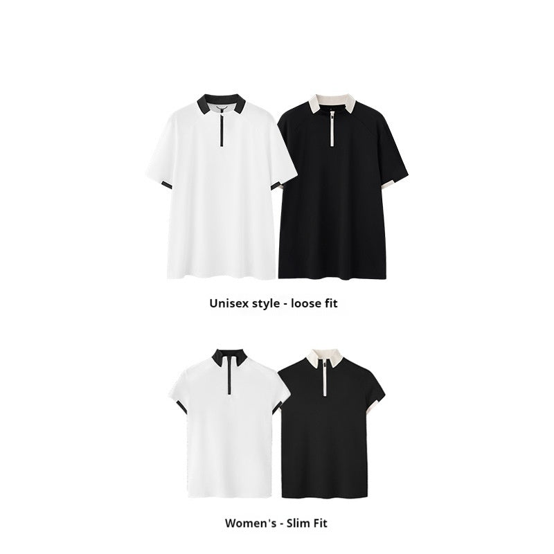 Men's Zipper Lightweight Cool Feeling Golf Tennis Stitching Short Sleeve
