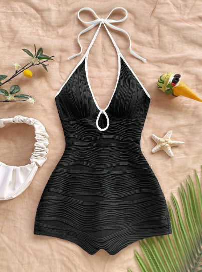 Slimming Halter Jumpsuit Bikini In Solid Color Body-Flattering Tummy-Hiding Waist-Slimming And Sun-Protective