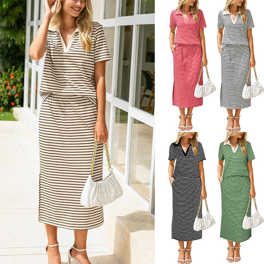 Womens Lapel T-shirt And Slit Skirt 2-piece Set