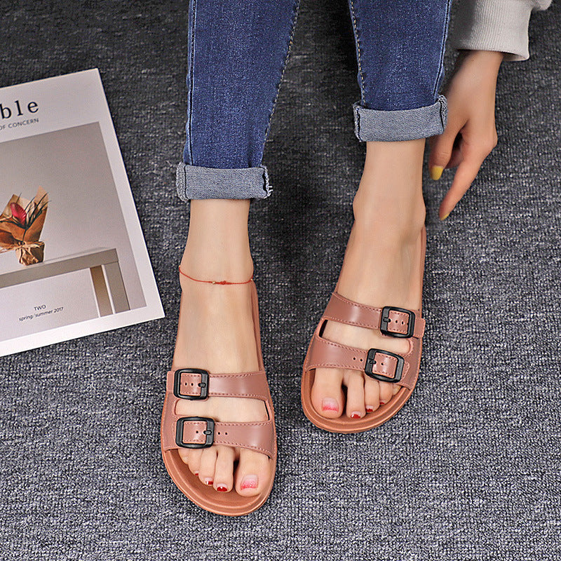 Women's Retro Flat Fashion Sandals With Two Straps And Double Buckles