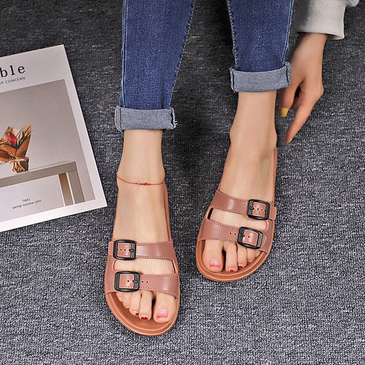 Women's Retro Flat Fashion Sandals With Two Straps And Double Buckles