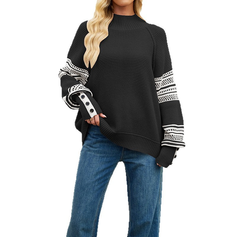 Fashionable Knitted Color-Block Mock-Neck Pullover Sweater