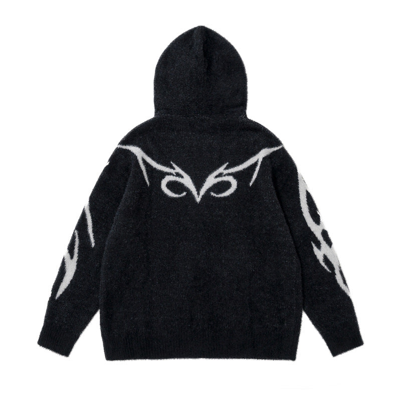 Totem Jacquard Contrast Color Hooded Zip Sweater