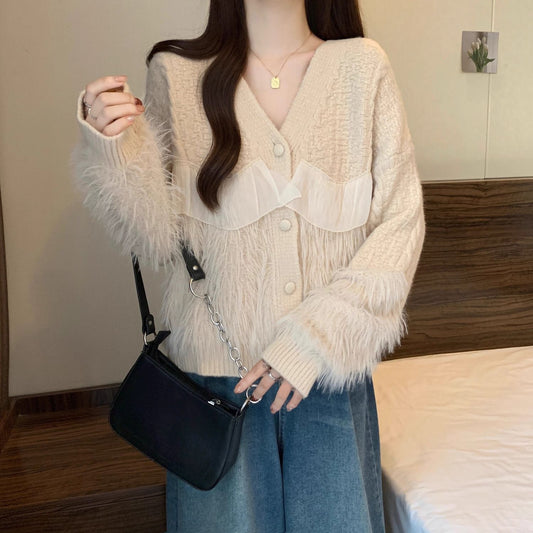 Knitted Cardigan Fringe Collar Temperament Sweater Coat