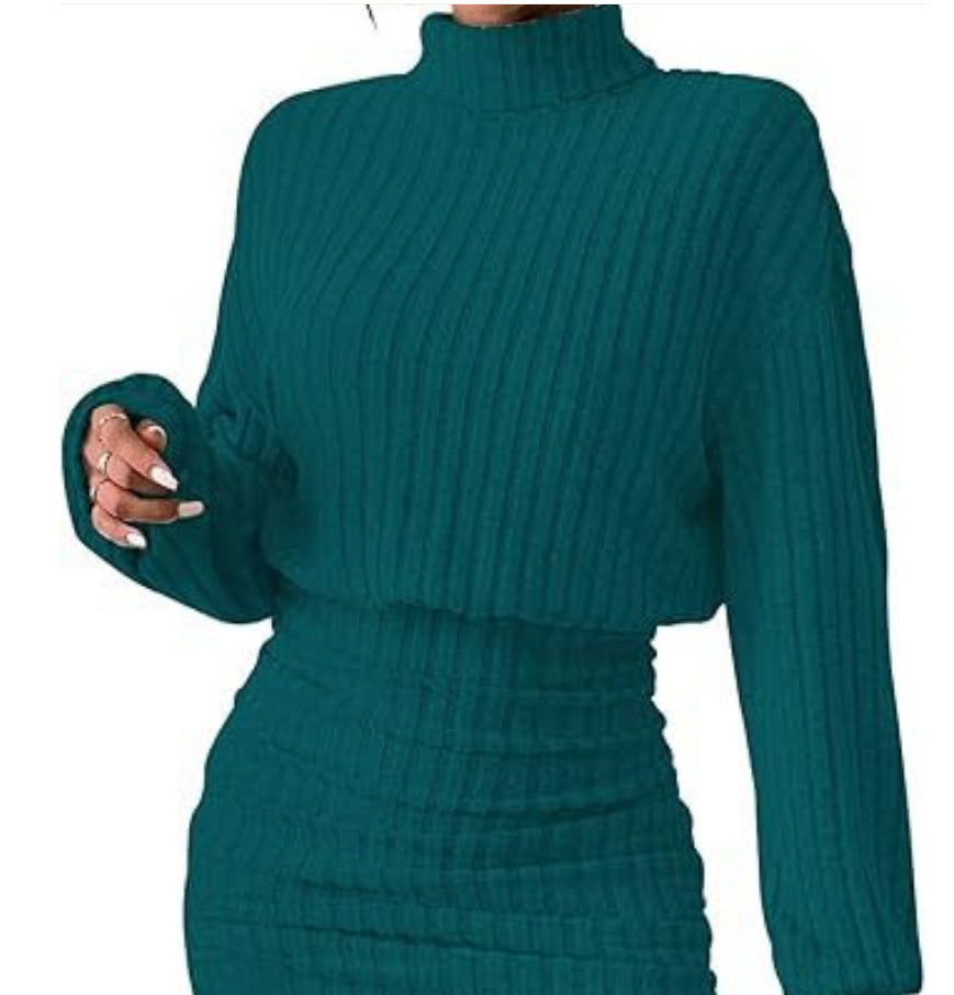 Hug-hem Long-sleeve Turtleneck Skirt Rib-knit Dress