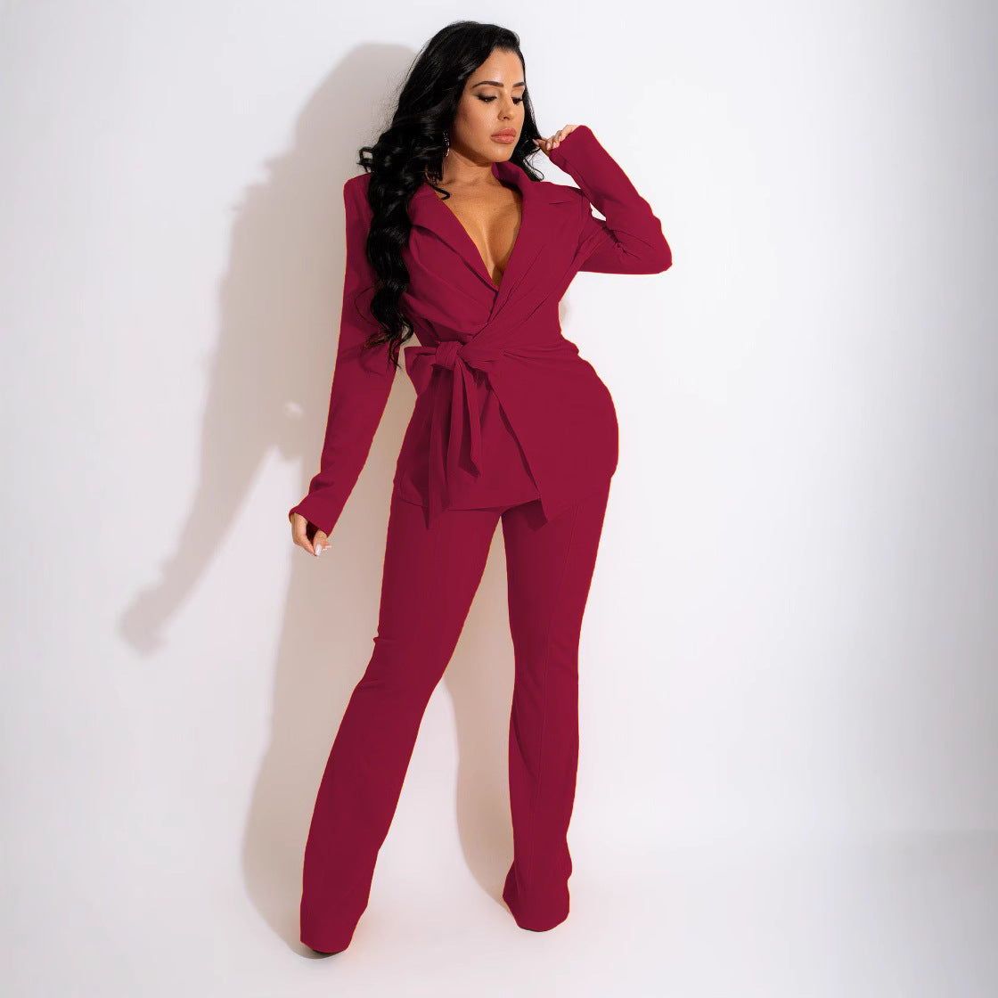 European And American Women's Stand Solid Color Fashion V-neck Two-piece Suit