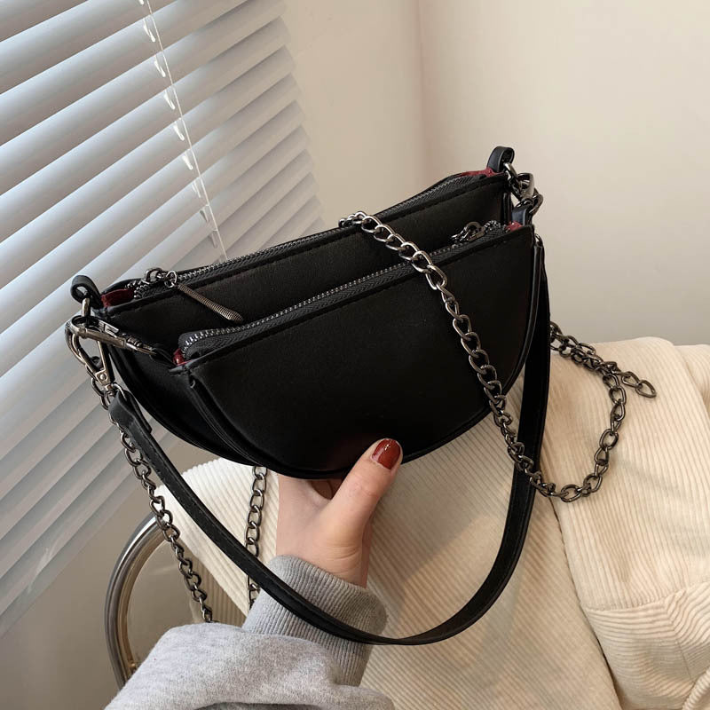 Women's New Retro Half Round Saddle Bag Double Chain