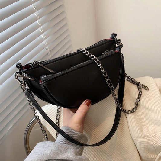 Women's New Retro Half Round Saddle Bag Double Chain