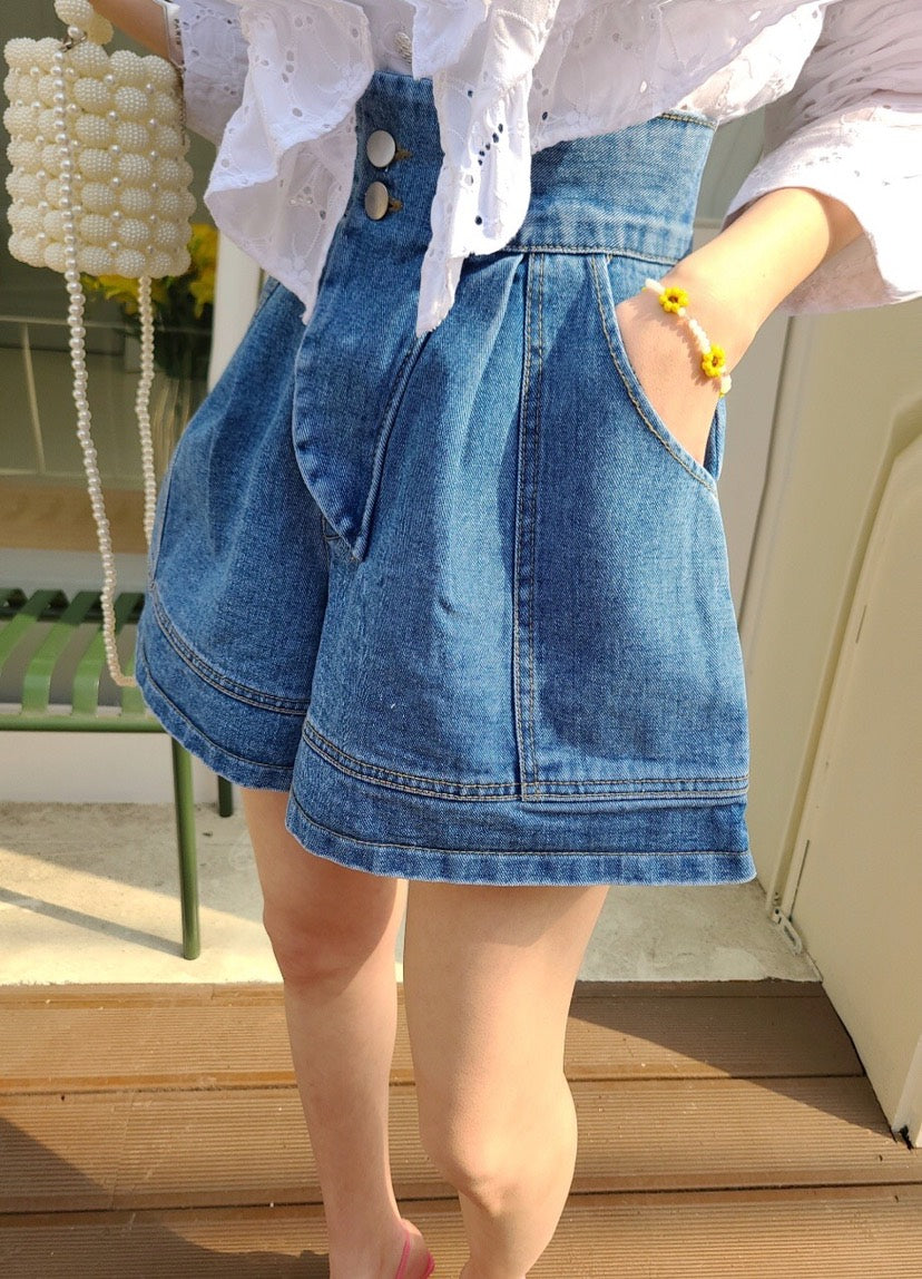 Vintage High Waist Single Breasted Wide Leg Denim Shorts