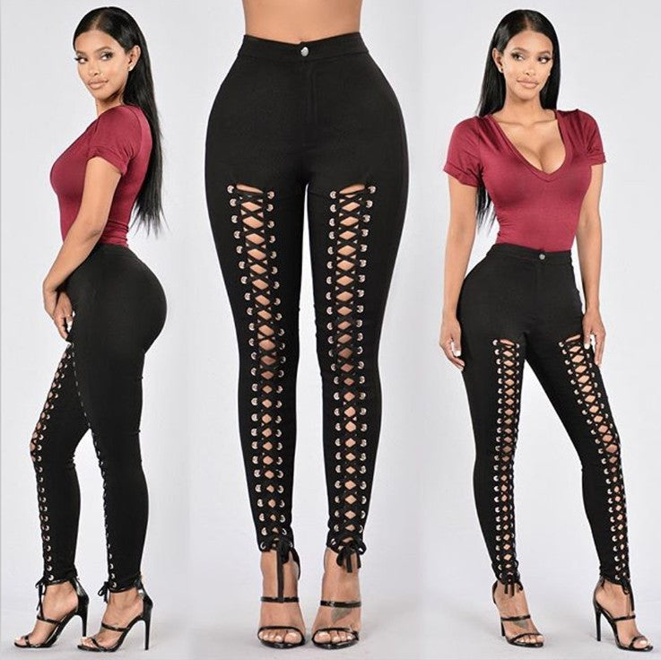 Sexy Solid Color Double-rowed Eyelet Slim Leggings