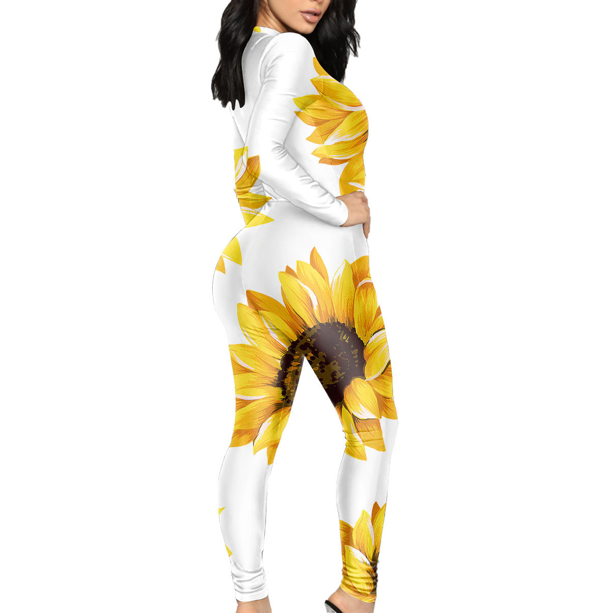 Women's Sunflower Printed Tight V-neck Jumpsuit