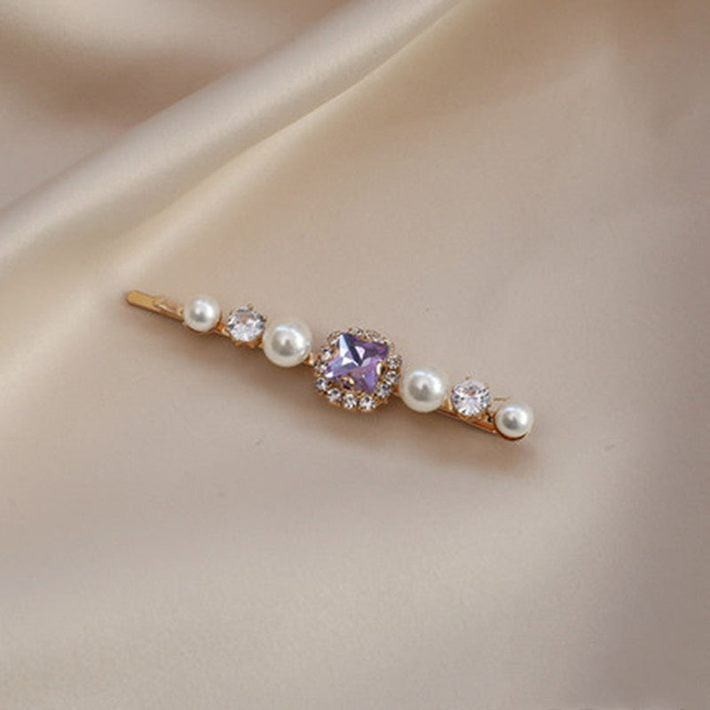 Vintage Sweet Purple Rhinestone Pearl Hairpin
