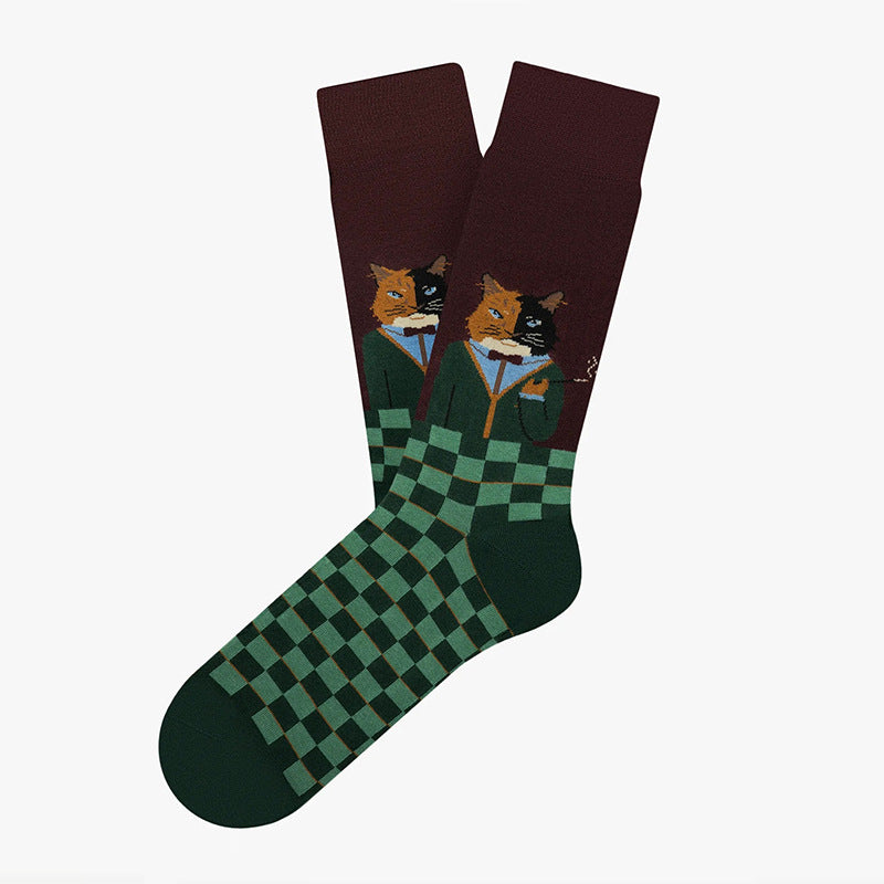 Cartoon Animal Cat Jacquard Trendy Socks Unisex Couple Cotton Mid-Calf Socks